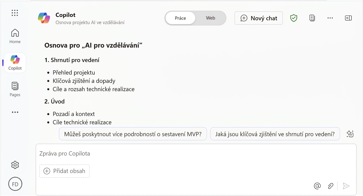 Snímek obrazovky osnovy zprávy.