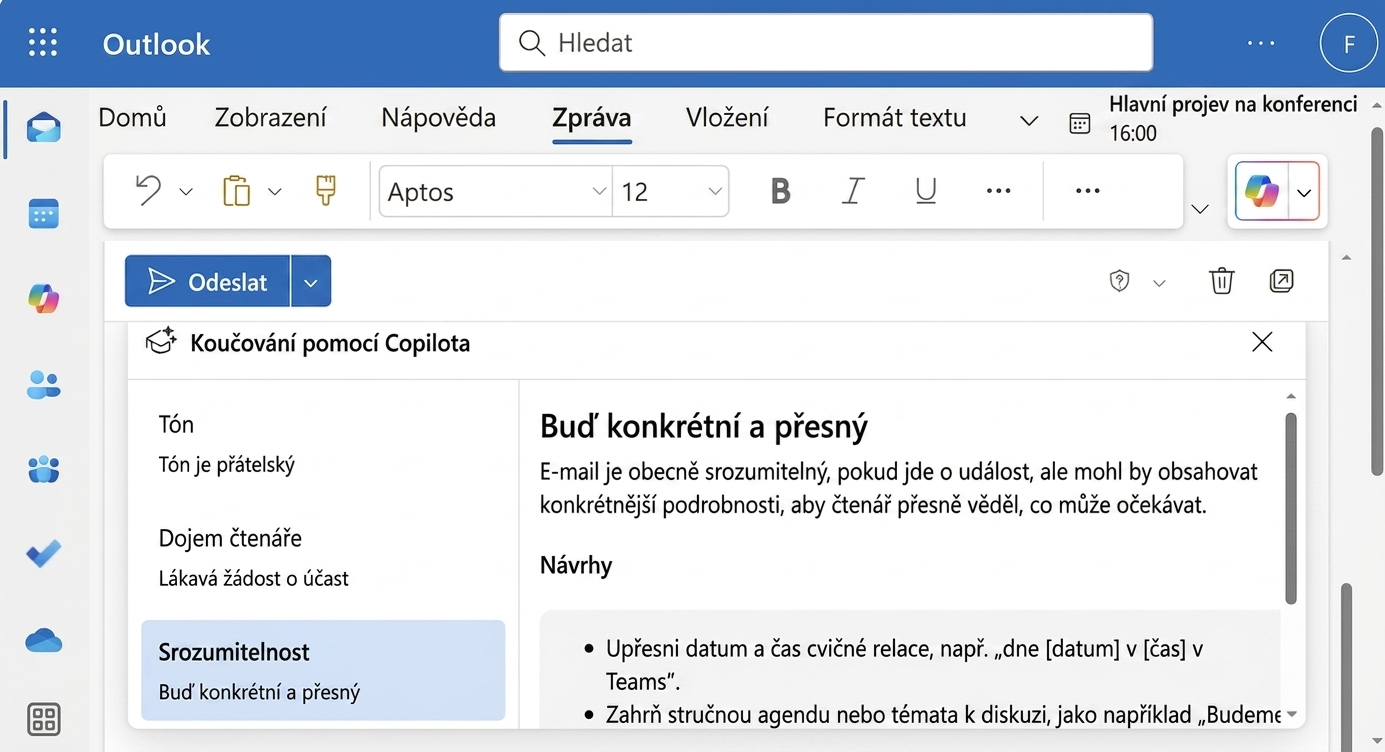 Odpověď Copilotu s tipy na zlepšení srozumitelnosti
