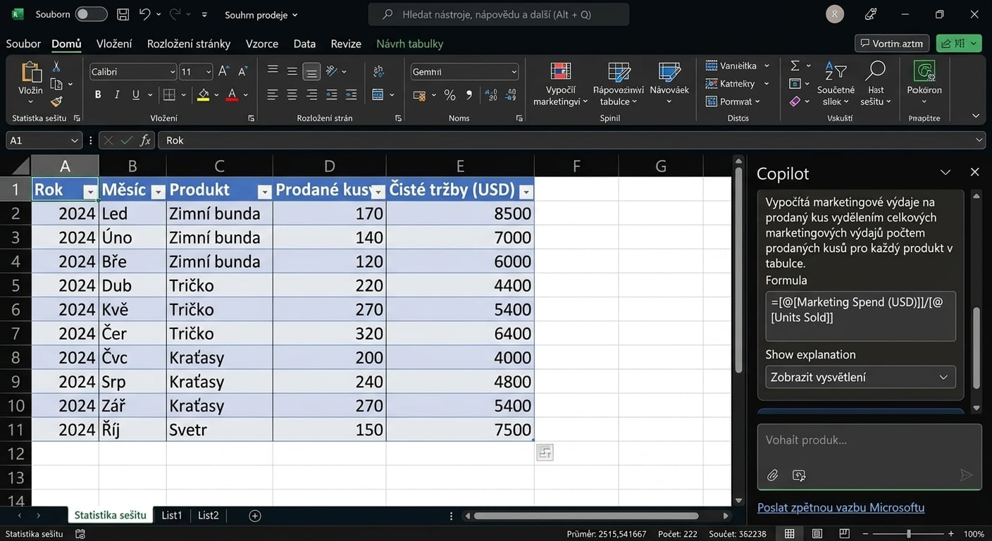 Otevřený dokument Excel s daty o oblečení a otevřeným chatem Copilot zobrazujícím výsledek vzorce.
