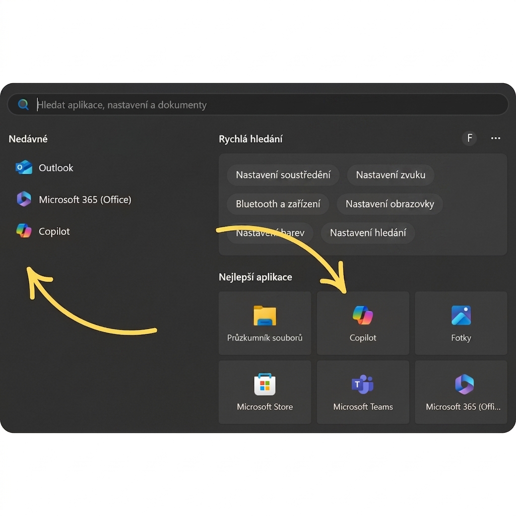 Vyhledávací panel Windows se šipkami ukazujícími na ikony Copilotu