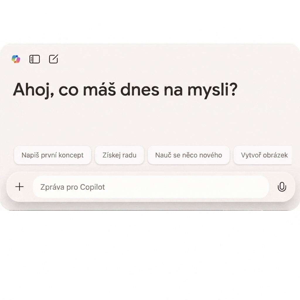 GIF webového rozhraní Copilotu s textem „What is Microsoft Copilot?“ a odpovědí.