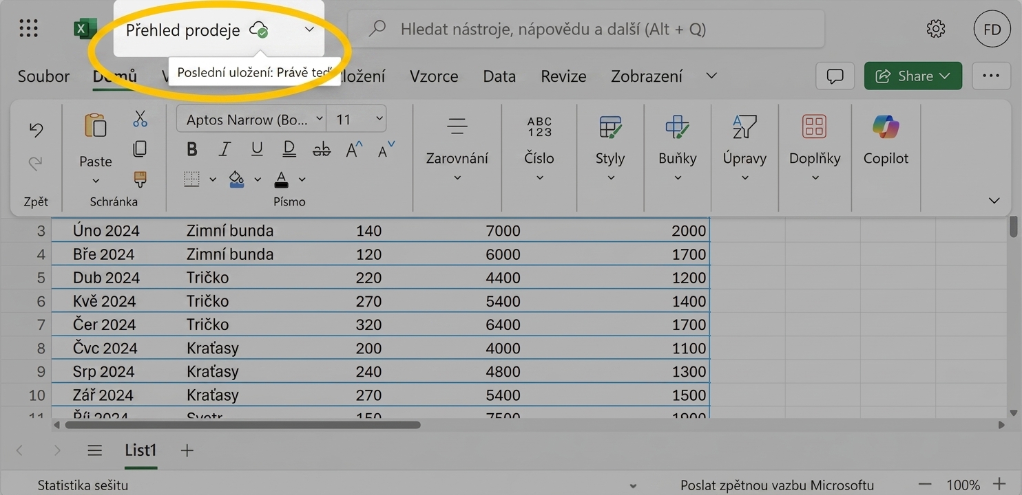 Snímek obrazovky sešitu Excel se zvýrazněným automatickým ukládáním.