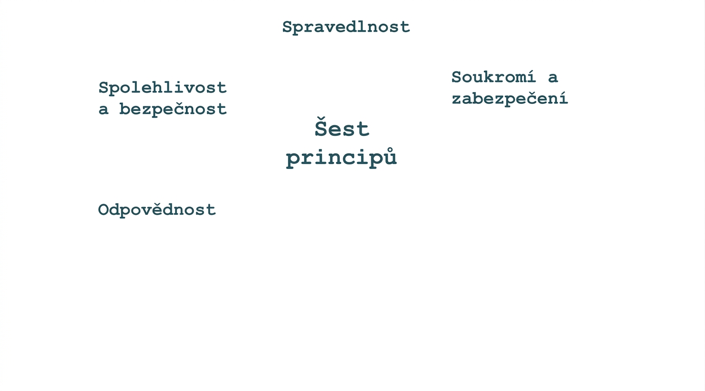 Text „šest principů“ obklopený pojmy označujícími tyto principy: spravedlnost, soukromí a bezpečnost, spolehlivost a bezpečí, odpovědnost
