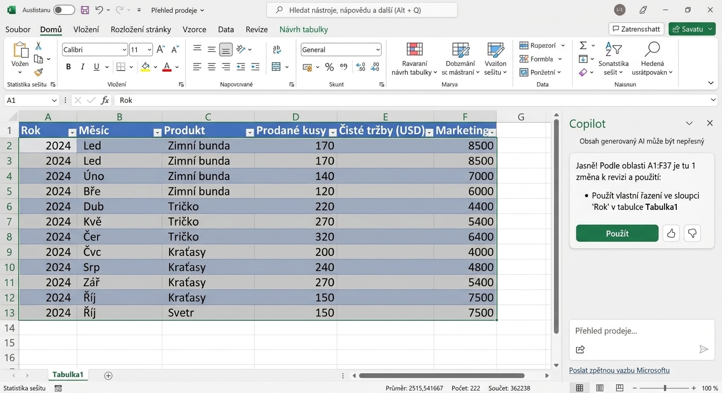 Otevřený dokument Excel s daty o oblečení a otevřeným chatem Copilot, kde uživatel žádá o seřazení podle sloupce Rok.