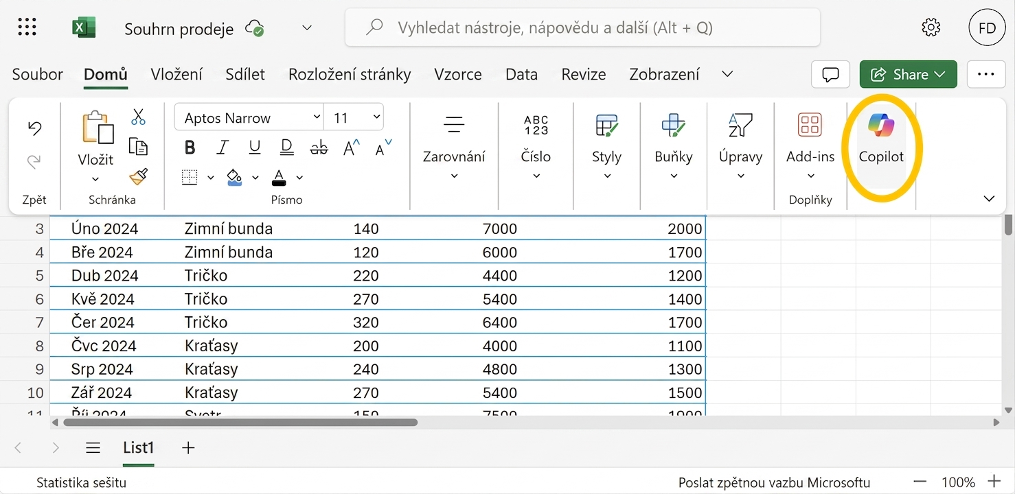 Snímek obrazovky sešitu Excel se zvýrazněnou ikonou Copilotu.