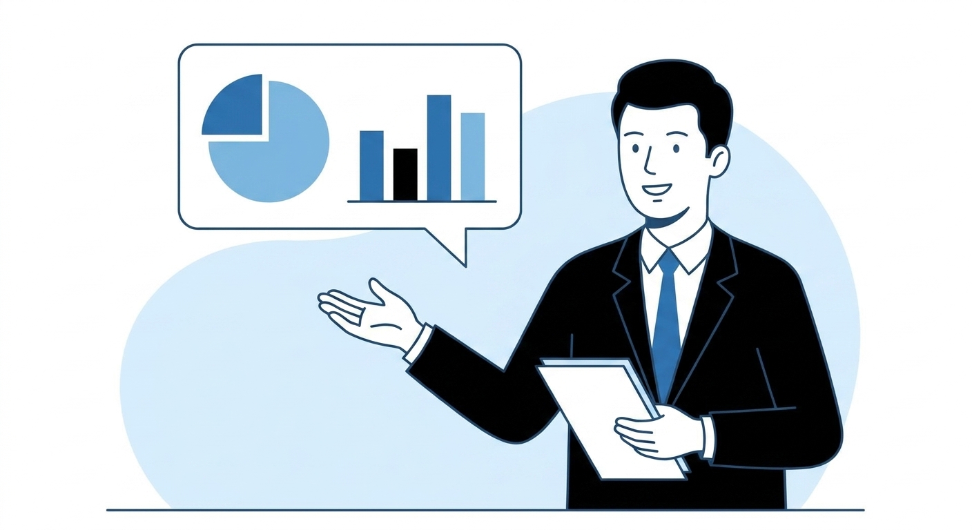 Ilustrace osoby s dokumenty a grafem představující finančního analytika