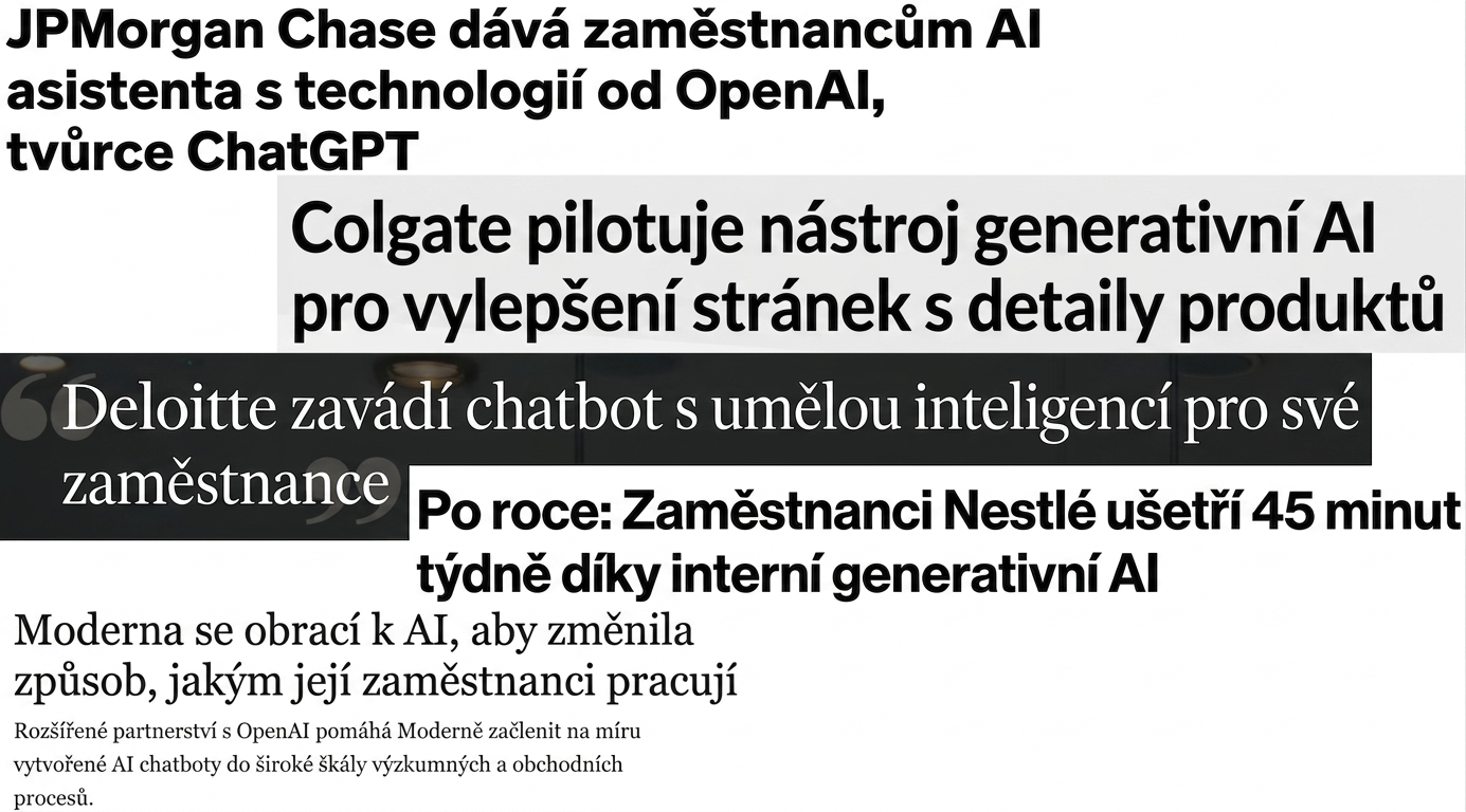 Novinové titulky o firmách vyvíjejících a přijímajících modely GPT