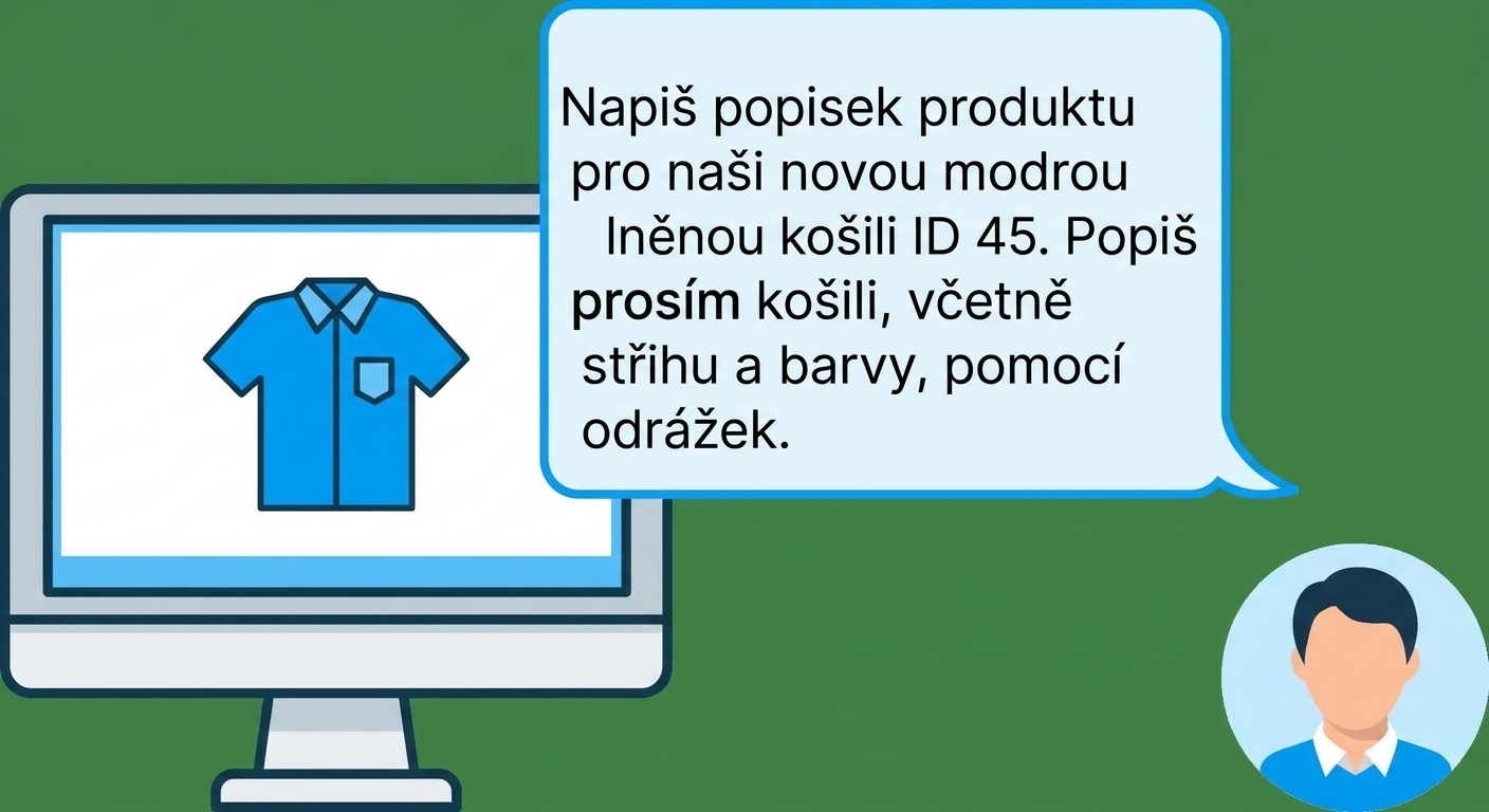 Začátek promptu pro popis produktu – košile s názvem a konkrétními požadavky