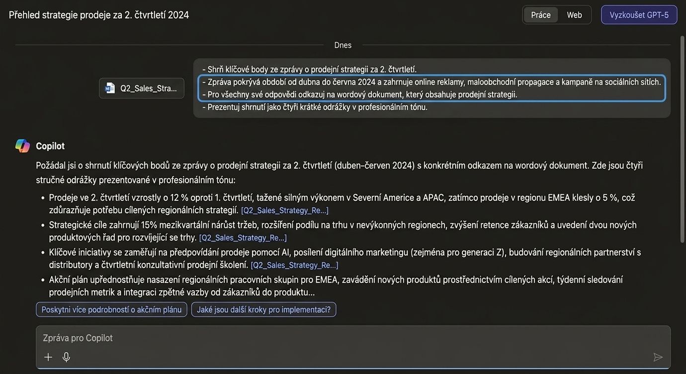 Snímek obrazovky se shrnutím prodejní zprávy od Copilota, kde je zvýrazněna instrukce Context k zahrnutí různých typů kampaní
