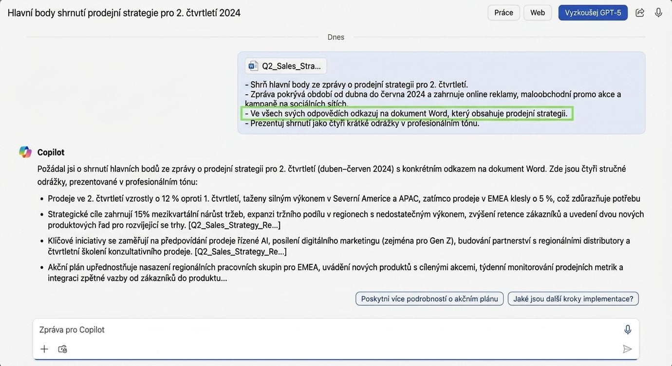 Snímek obrazovky se shrnutím prodejní zprávy od Copilota, kde je zvýrazněna instrukce Source odkazující na dokument Word