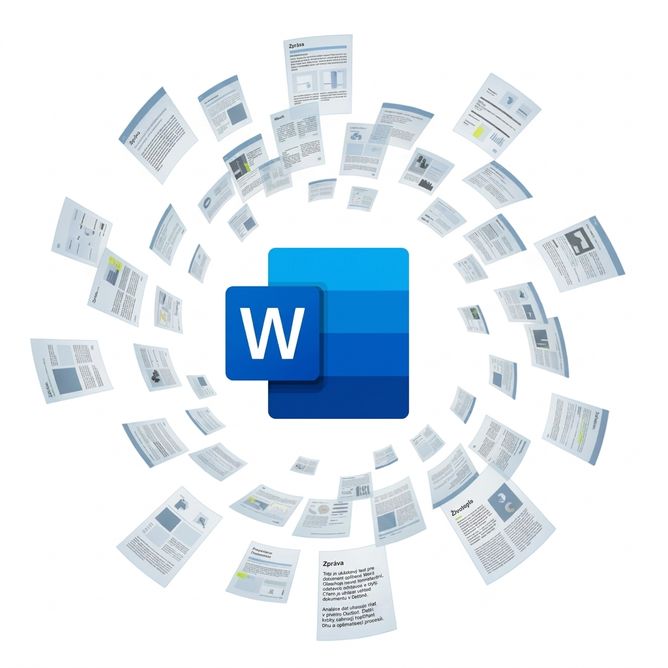 Logo Microsoft Word obklopené vznášejícími se stránkami dokumentu, symbolizující tvorbu a správu obsahu ve Wordu a PowerPointu