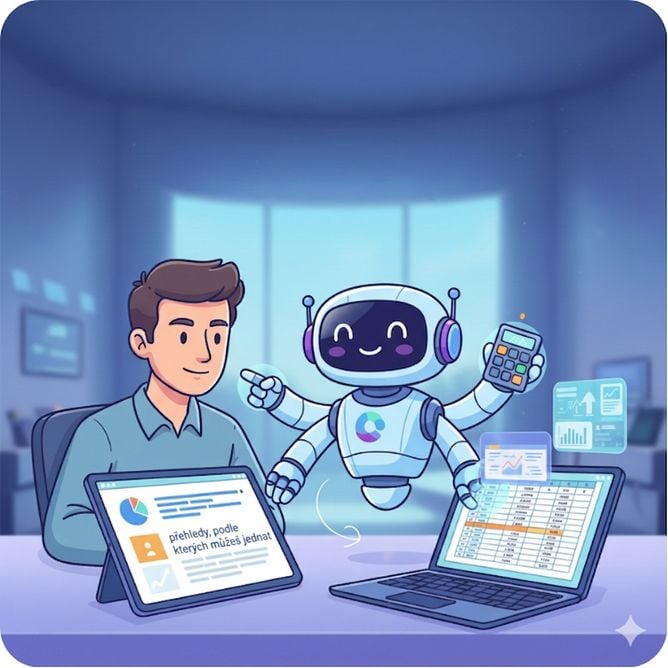 Ilustrace člověka spolupracujícího s přátelským robotem při analýze tabulek a grafů, symbolizující, jak Copilot pomáhá s poznatky z dat