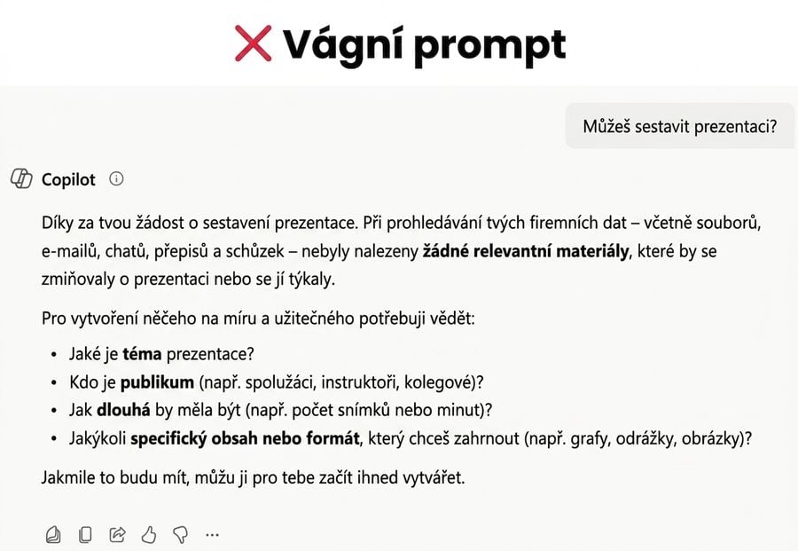 Snímek obrazovky s konkrétními prompty v Copilotu