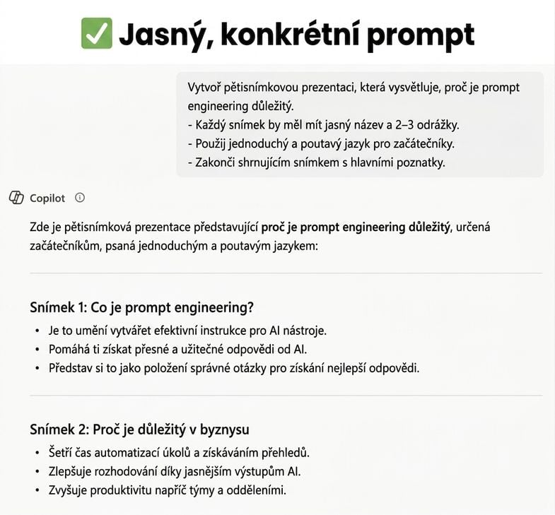 Snímek obrazovky s konkrétním promptem v Copilotu, který ukazuje, že jasné prompty přinášejí lepší výsledky