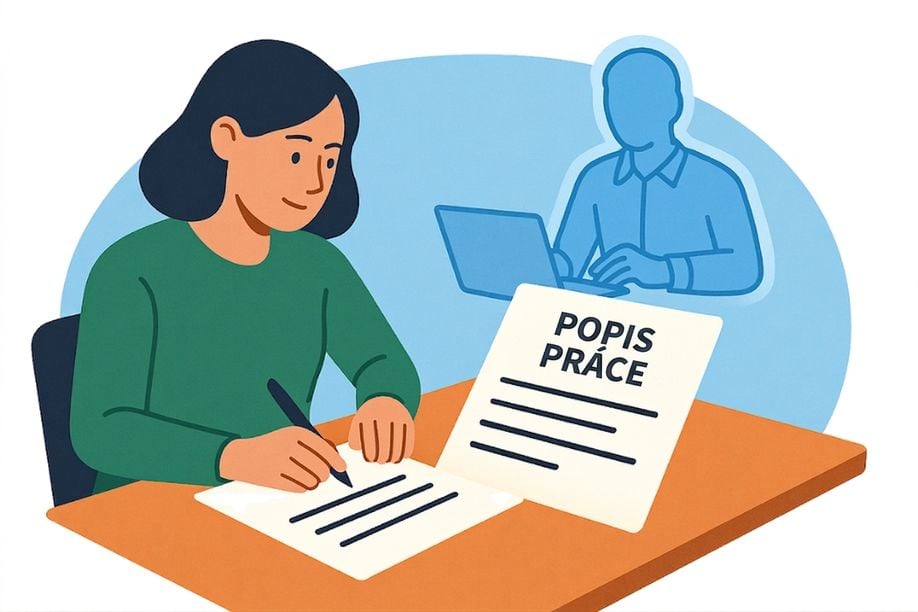 Ilustrace ženy píšící na dokument s nápisem „Job Description", představující definování cílů, kontextu, zdrojů a očekávání agenta pomocí rámce GCSE