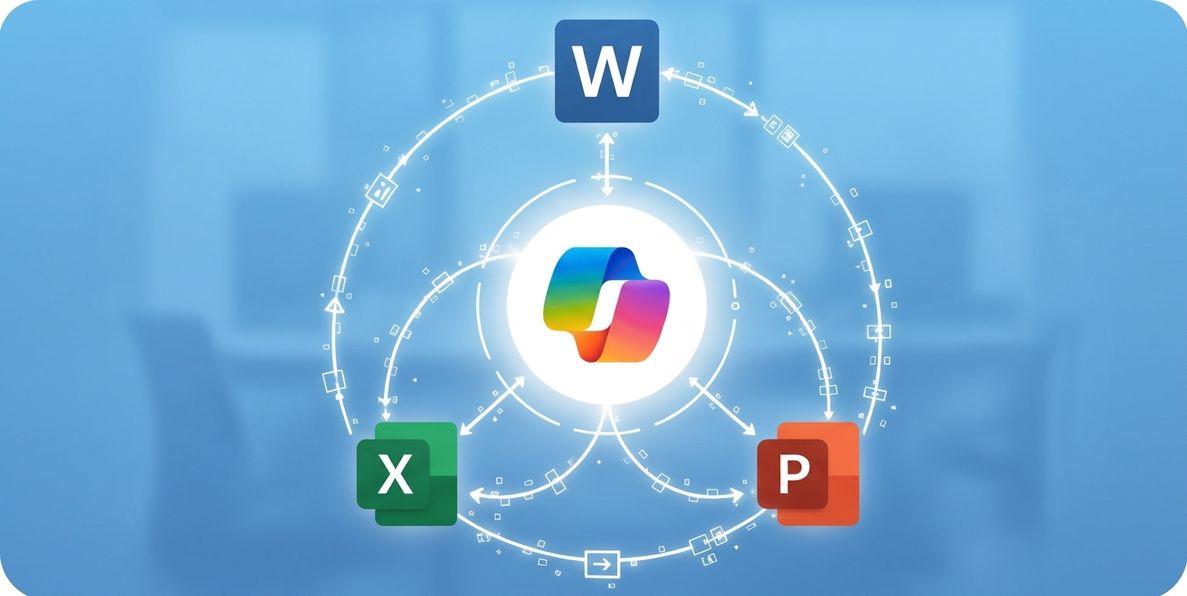Grafika zobrazující logo Microsoft 365 Copilot uprostřed, propojené s ikonami Word, Excel a PowerPoint, znázorňující schopnost Copilotu propojovat práci napříč aplikacemi