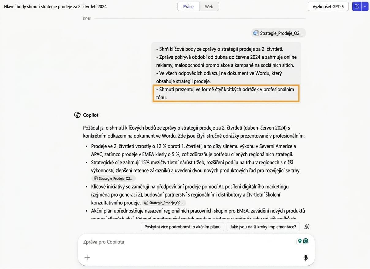 Snímek obrazovky se shrnutím prodejní zprávy od Copilota, kde je zvýrazněna instrukce Expectation pro formátování shrnutí jako odrážky