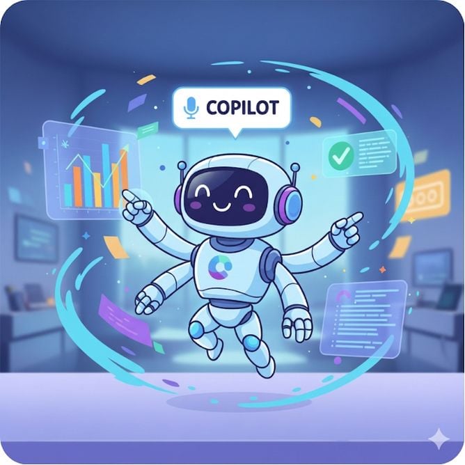 Ilustrace usmívajícího se robota s nápisem „Copilot", obklopeného grafy a ikonami, představující tvorbu vlastních AI asistentů, kteří rozumí firemním datům