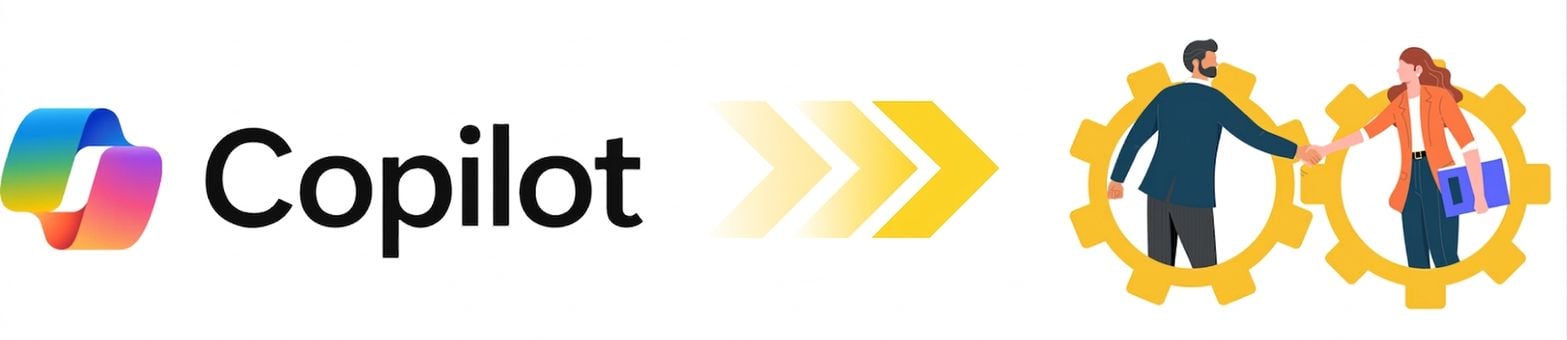 Obrázek zobrazující logo Microsoft Copilot spojené žlutými šipkami s ilustrací dvou lidí podávajících si ruce uvnitř soukolí
