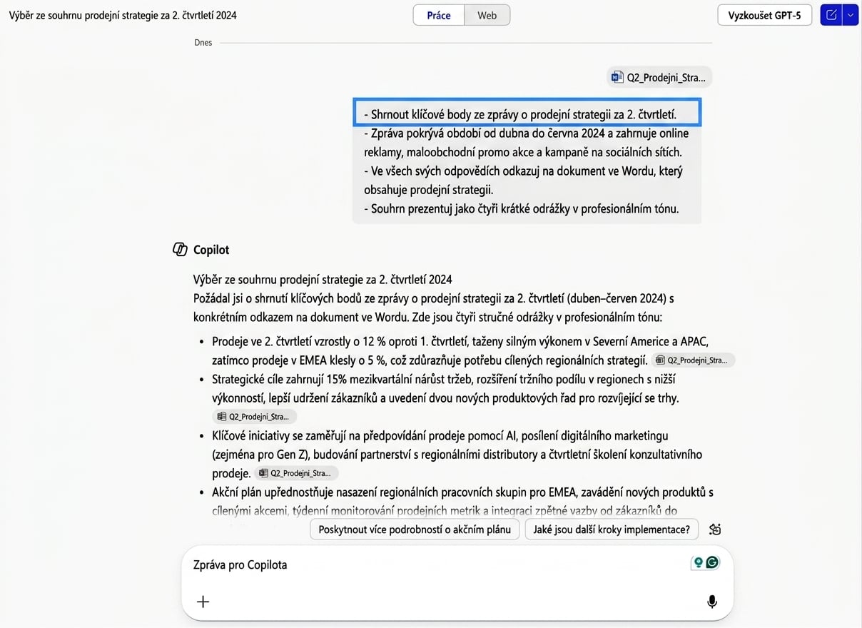 Snímek obrazovky se shrnutím zprávy o prodejní strategii od Copilota, kde je modře zvýrazněna instrukce Goal