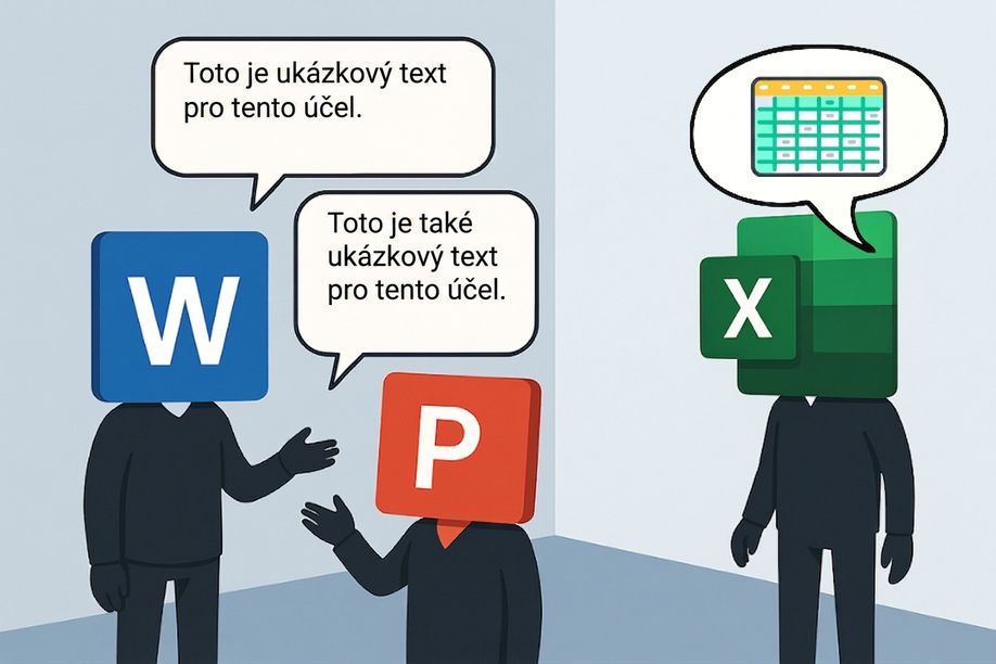 Ilustrace tří postav s logy Microsoft Word, PowerPoint a Excel místo hlav, symbolizující spolupráci mezi aplikacemi Microsoftu