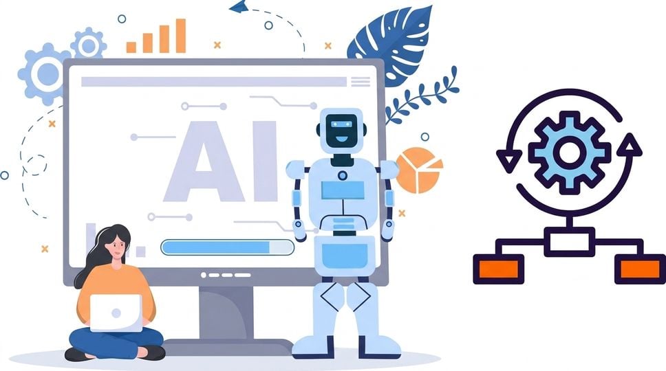 Ilustrace člověka a robota před velkou AI obrazovkou, vedle schématu pracovního postupu se soukolím a šipkami