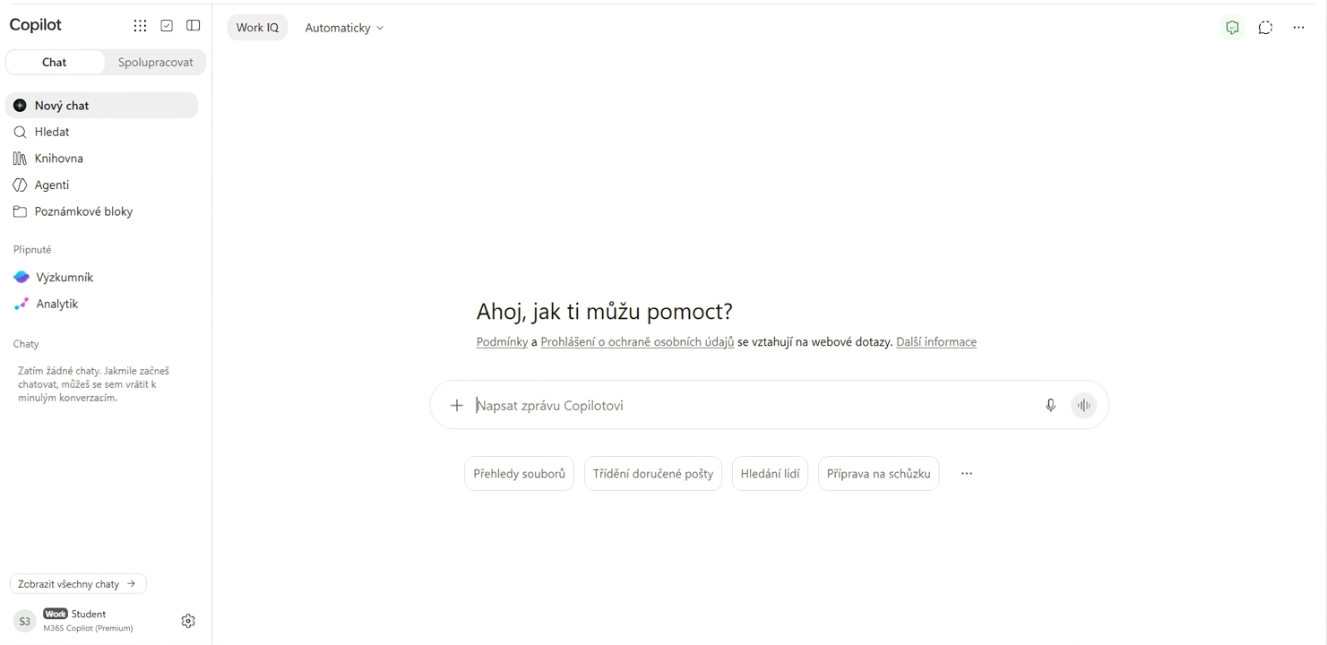 Chatovací aplikace Microsoft Copilot, přihlášená přes pracovní účet