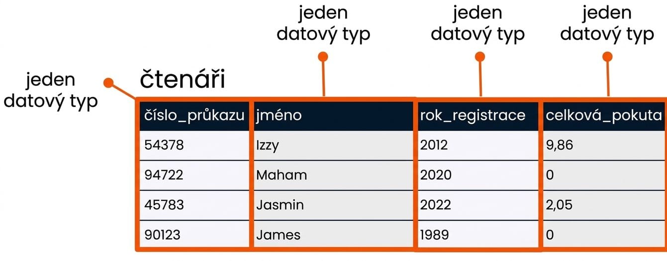 Tabulka patrons se zvýrazněnými poli, každé označeno svým datovým typem