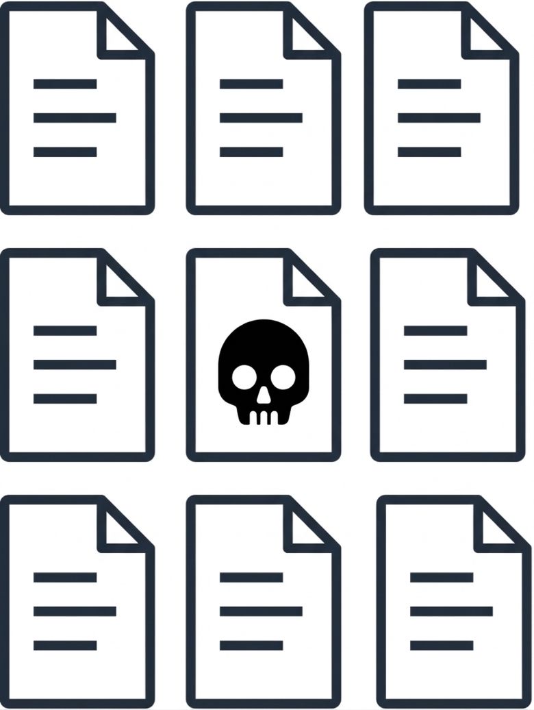 Obrázek textových dokumentů, kde jeden dokument je napaden otravou dat