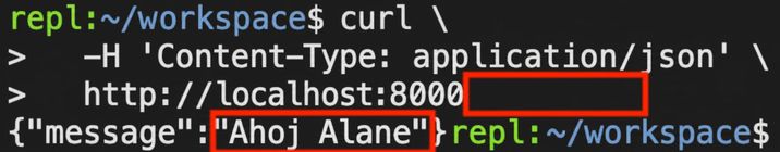 Terminál s příkazem curl bez jména. Odpověď: "Hello Alan."