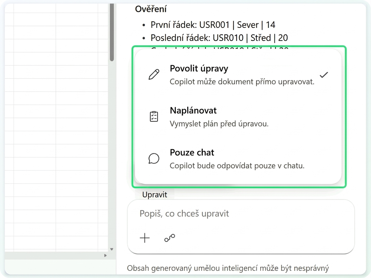 Nabídka režimů Copilotu - Allow editing, Plan, Chat only