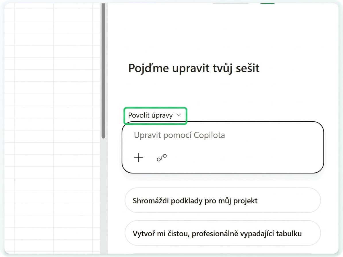 Panel Copilotu s přepínačem režimu Allow editing