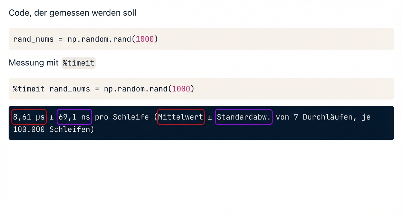 alt="Ausgabe des Befehls „timeit“ mit hervorgehobenem Mittelwert und Standardabweichung"