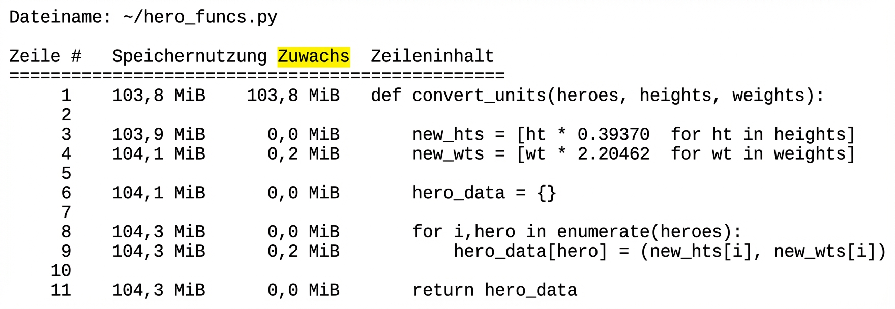 alt=”Magic command mprun tabular output summarizing memory usage profiling statistics with Increment column highlighted”
