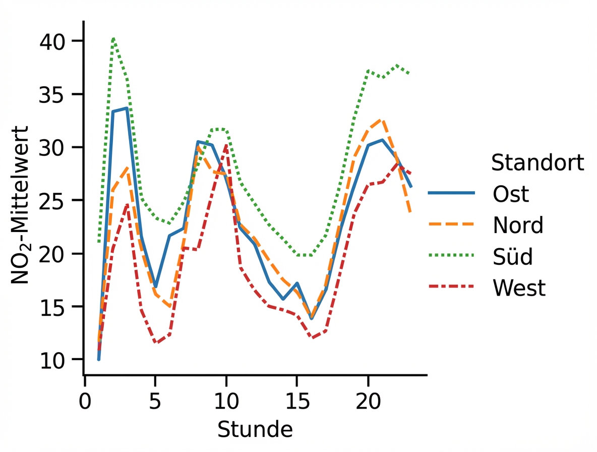 Liniendiagramm des durchschnittlichen Stickstoffdioxids über die Zeit pro Region