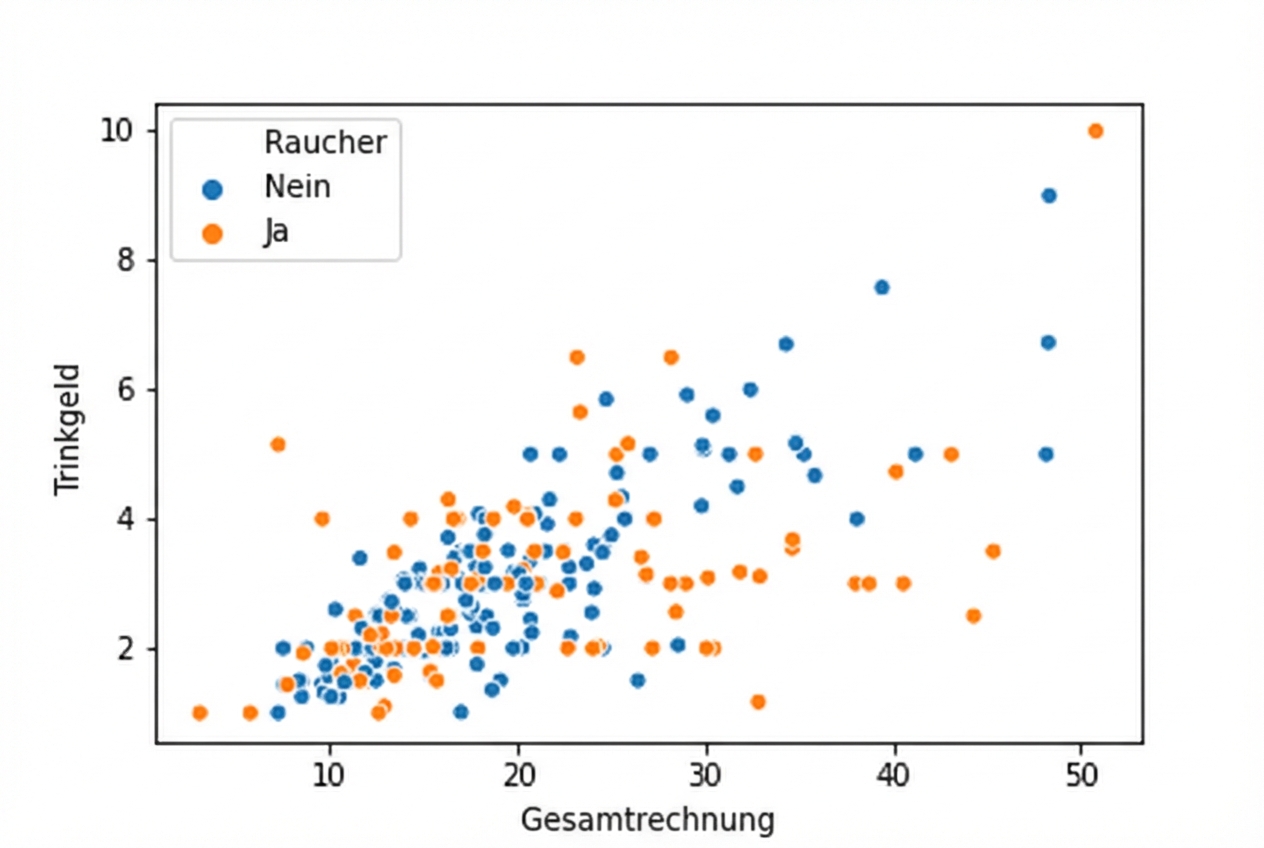 Streudiagramm mit Punkten in zwei Farben je nach Raucherstatus