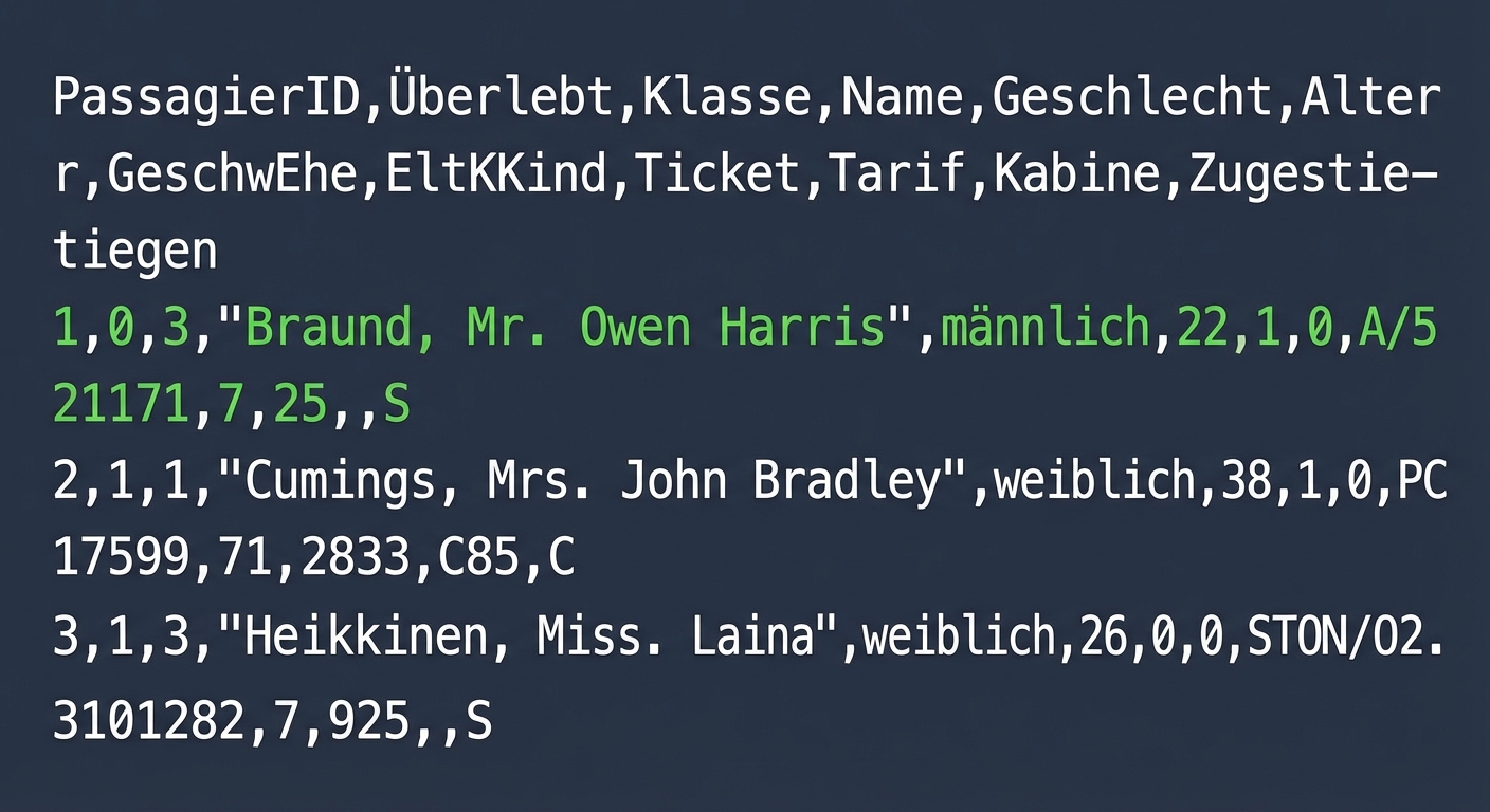titanic.csv mit einer hervorgehobenen Zeile