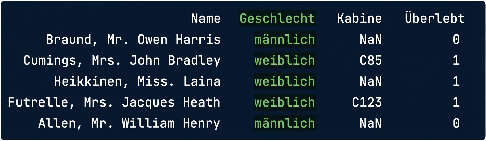 titanic.csv mit einer markierten Spalte