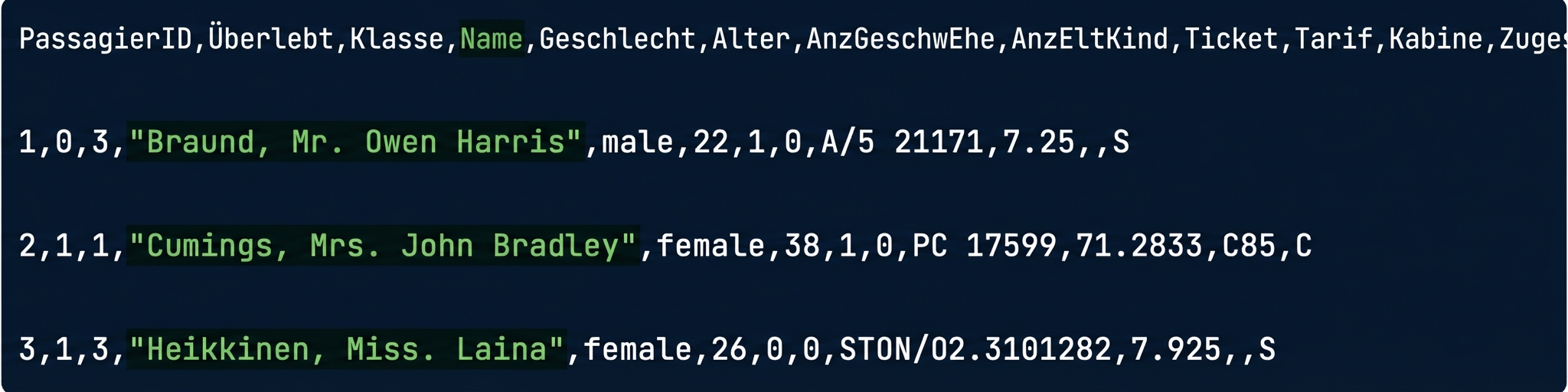 titanic.csv mit einer markierten Spalte
