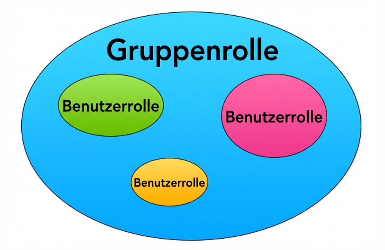 Roles graphic where an outer circle is a group role and three inner circles within the outer circle are user roles