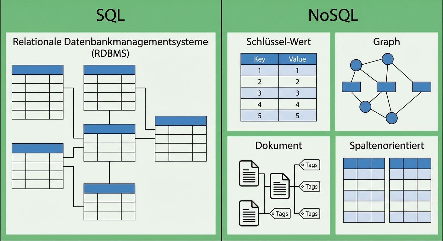 Diagram comparing storage of SQL and NoSQL DBMSs.