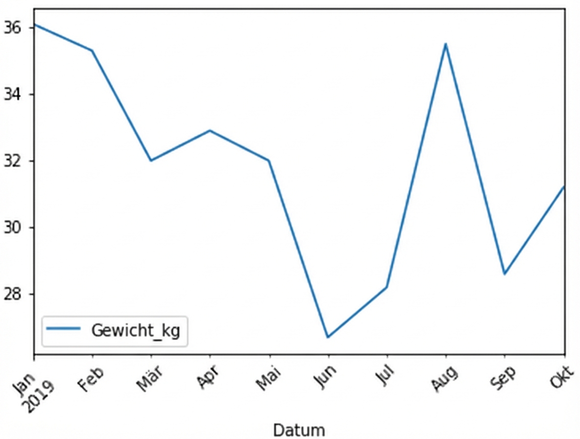 Dasselbe Liniendiagramm mit dem Gewicht von Sully wie auf der vorherigen Folie, aber nun ist der Text auf der x-Achse um 45 Grad im Uhrzeigersinn gedreht