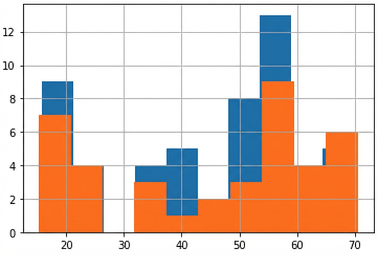 Zwei Histogramme der Hundehöhen sind in derselben Grafik dargestellt. Eins ist blau und eins ist orange. Das orangefarbene Histogramm überlagert das blaue Histogramm, sodass man kaum erkennen kann, was da eigentlich passiert.