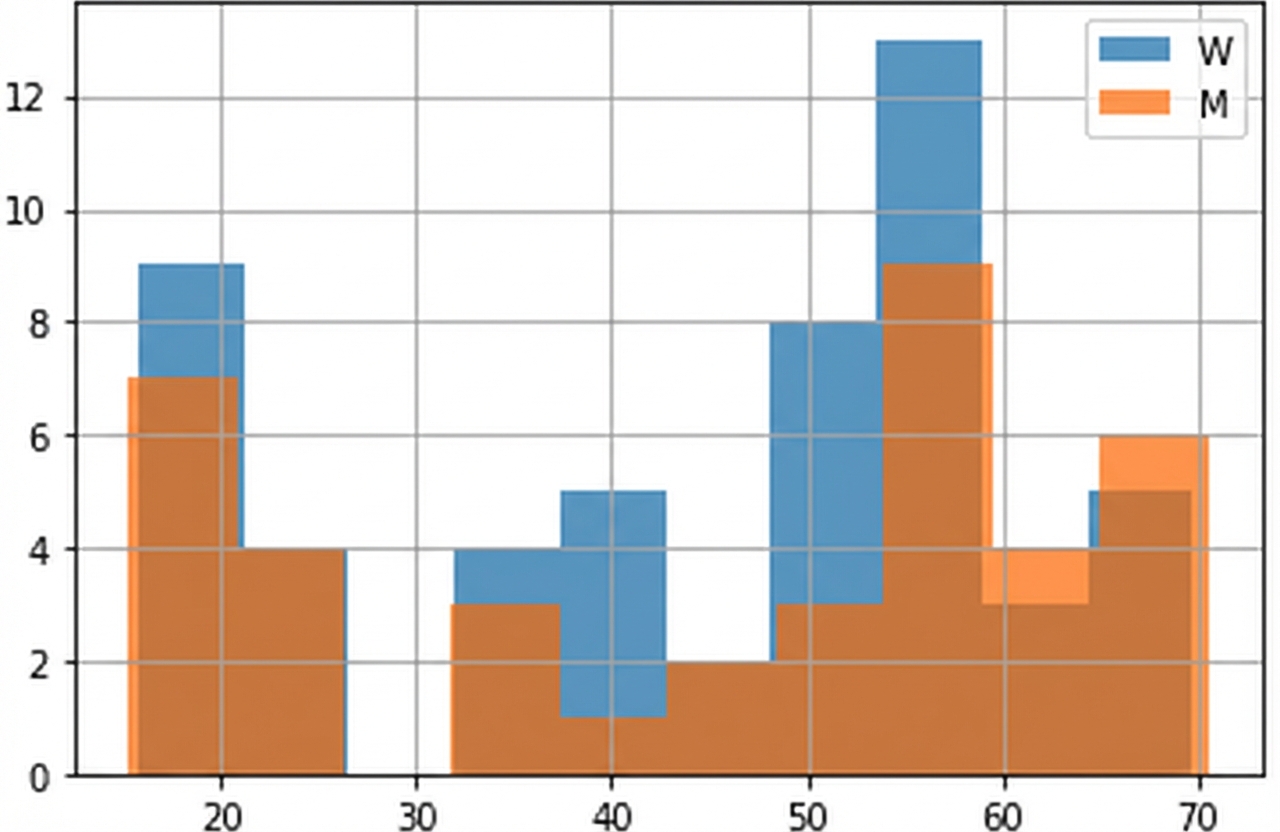 Dieselben zwei Histogramme wie auf der vorherigen Folie, aber jetzt sind sie transparent; so sind auch alle Balken für weibliche Hunde zu sehen, die vorher von den Balken für männliche Hunde verdeckt wurden; die Darstellung ist aber etwas hässlich – in unseren Seaborn-Kursen lernst du, wie man schöne Diagramme erstellt