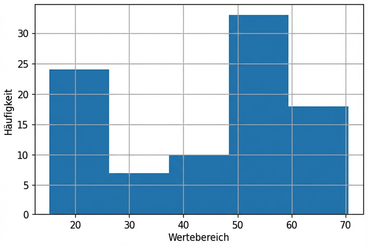 Dasselbe Histogramm mit den Größen der Hunde wie auf der vorherigen Folie, aber jetzt mit 5 breiten Bins