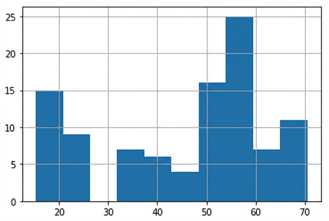 Histogramm mit den Größen der Hunde; die kleinsten Hunde sind kaum 20 cm groß und die größten Hunde sind etwa 70 cm groß; am häufigsten ist eine Größe zwischen 50 und 60 cm