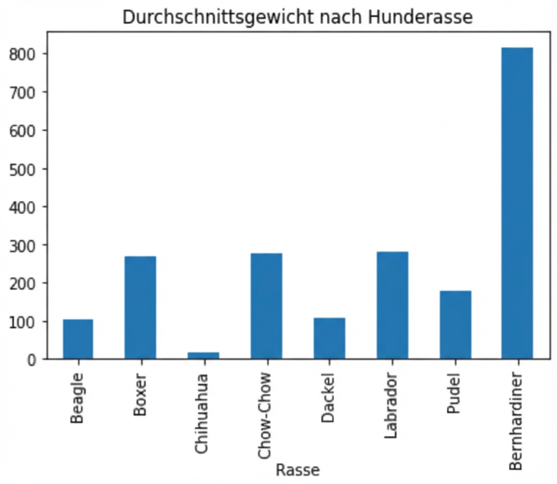 Das gleiche Balkendiagramm wie links auf dem Bildschirm, aber mit dem zusätzlichen Titel „Durchschnittsgewicht nach Hunderasse“.