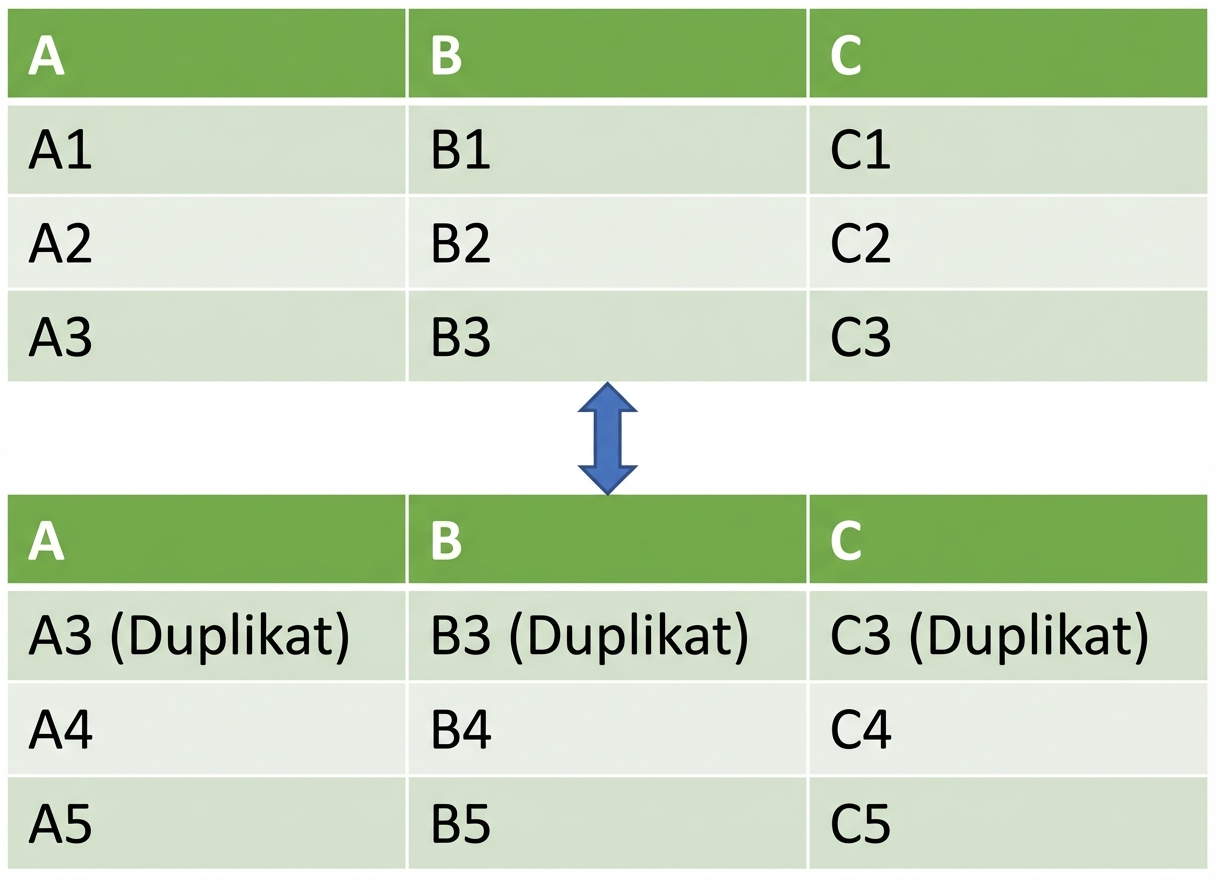 Zwei DataFrames, die vertikal verknüpft sind und im zweiten DataFrame Duplikate