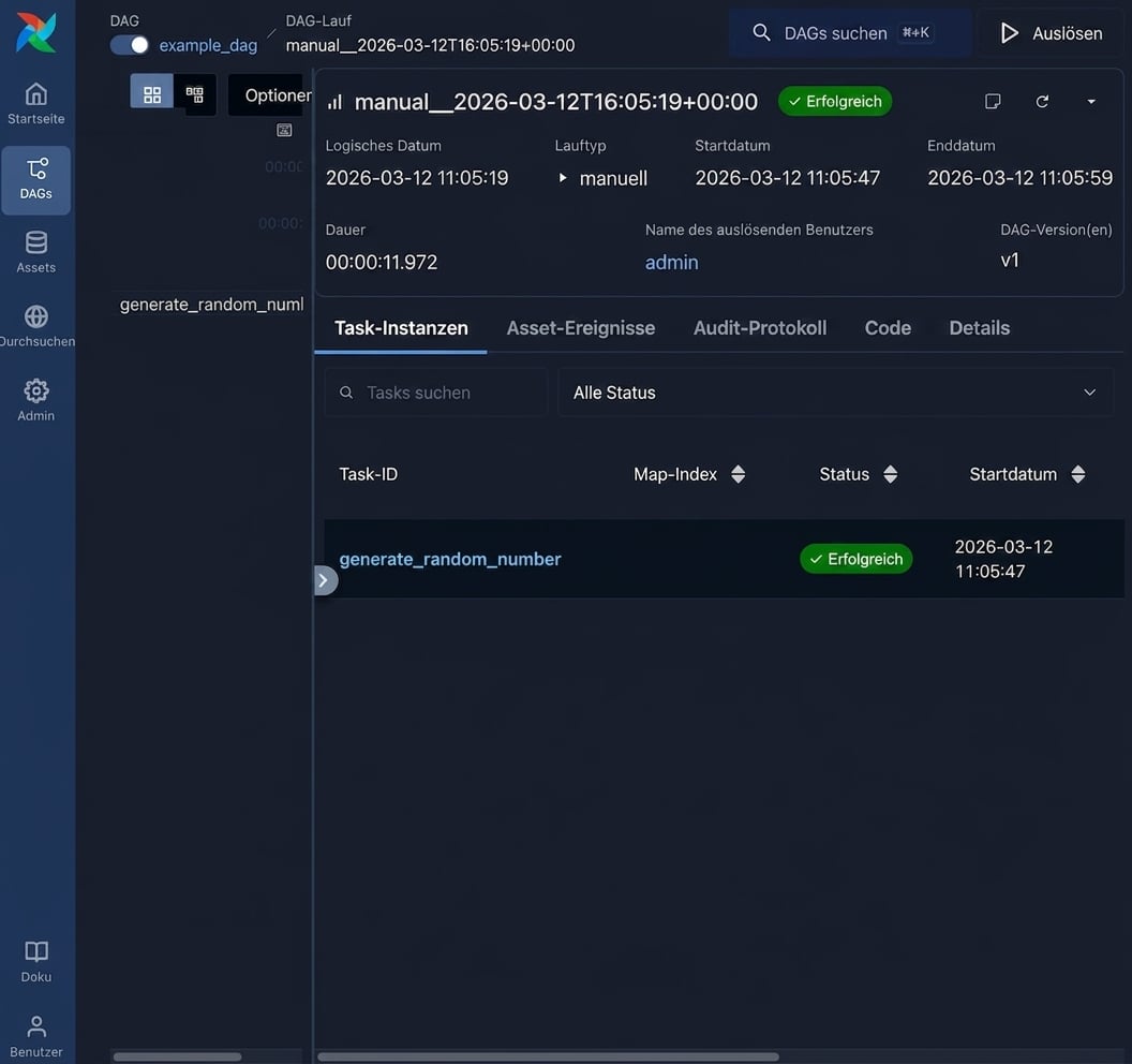 Airflow-Ansicht eines DAG-Runs mit einzelnen Taskdetails wie generate_random_number