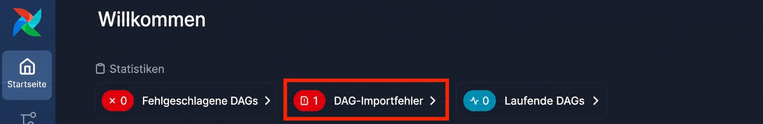 Airflow-Willkommensseite mit Warnhinweis zu einem Dag-Importfehler